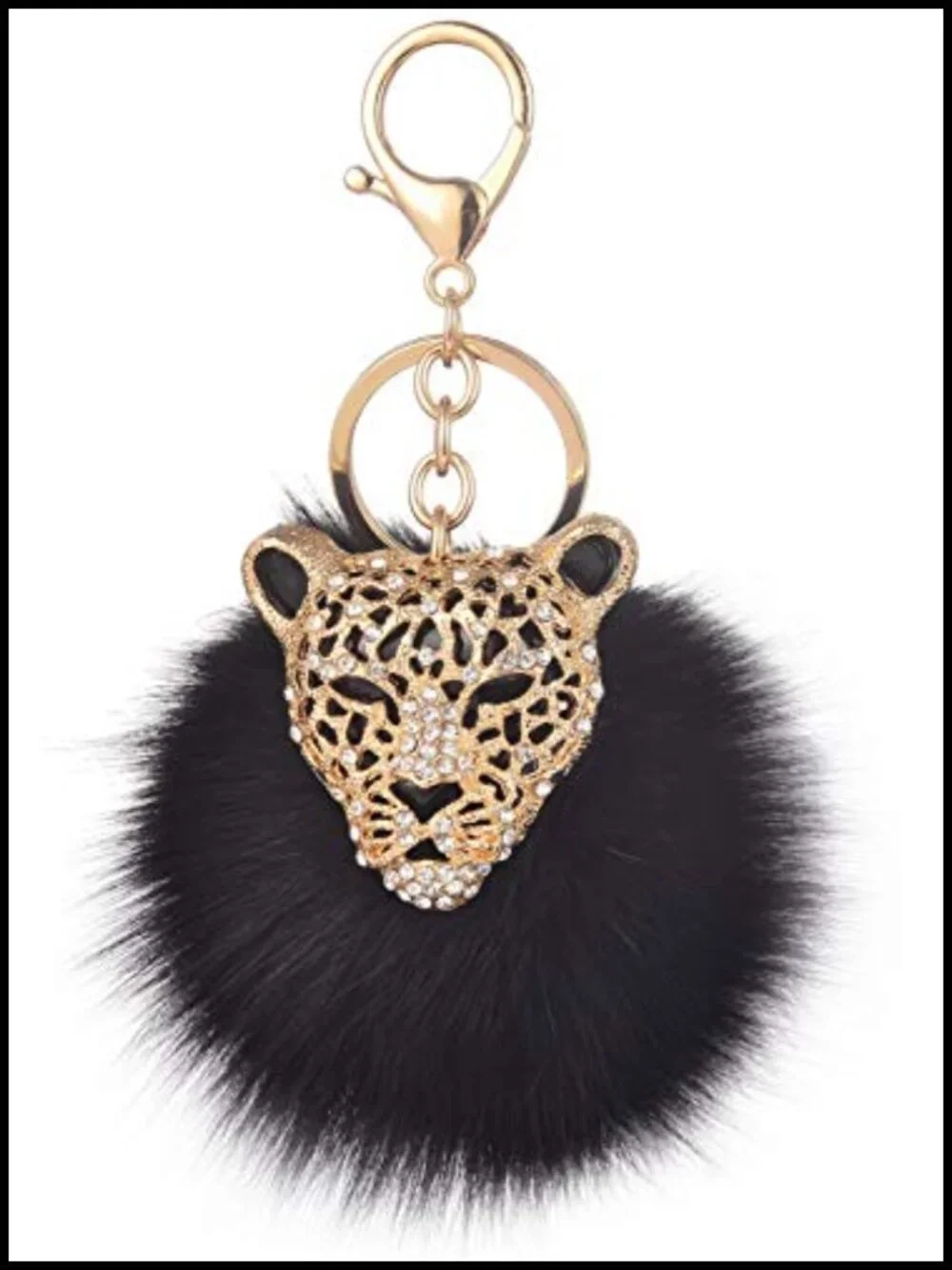 Gold Plated Alloy Leopard Handbag Charm Keychain with Black Fox Fur PomPom
